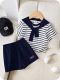 3pcs/Set Baby Boy Summer Casual Sailor Outfit,Black And White Striped Short Sleeve Top,Elastic Waist Shorts&Shawl,Page Boy Outfit For Birthday Party