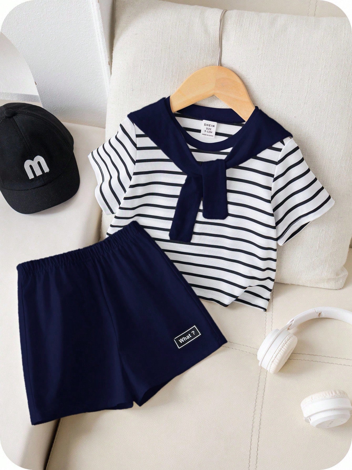3pcs/Set Baby Boy Summer Casual Sailor Outfit,Black And White Striped Short Sleeve Top,Elastic Waist Shorts&Shawl,Page Boy Outfit For Birthday Party