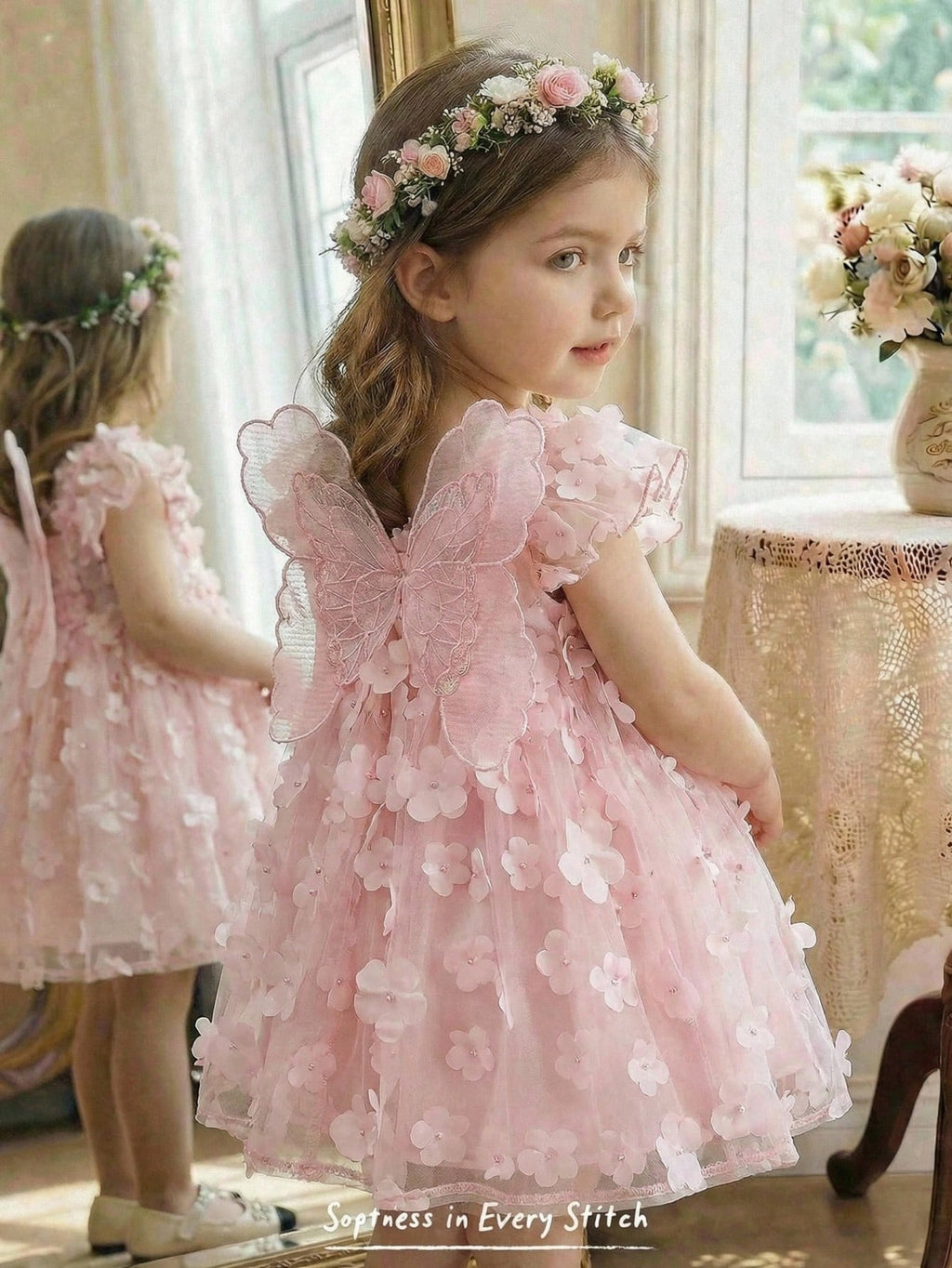 Baby Girl Bow Decor Round Neck Puff Sleeve Waist Cinched Dress Pink Butterfly Flower Embroidered Party Lace Dresses For Little Girls, Baby Girl