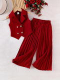 Elegant Red Sleeveless Blazer Vest & Wide-Leg Pants Suit for Girls