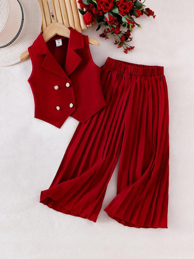 Elegant Red Sleeveless Blazer Vest & Wide-Leg Pants Suit for Girls