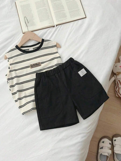 2pcs/Set Young Boys Casual Comfortable Solid Color Cute Bear Cartoon Print Contrast Collar Sleeveless Top And Striped Shorts Set