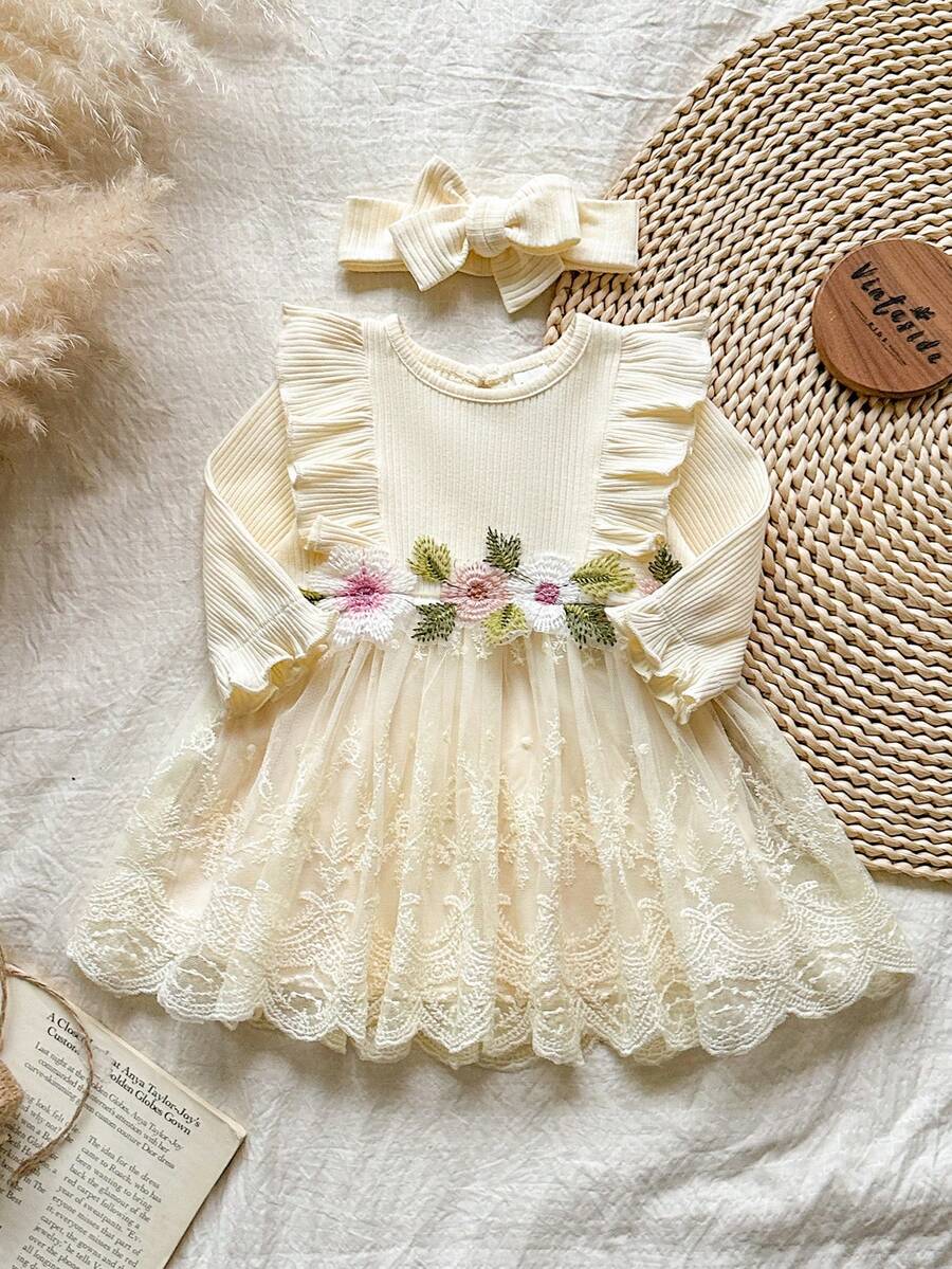 Newborn Baby Girl Brown Summer Cute Lace Birthday Dress Pit Stripe Embroidery Flower Bow Mesh Splicing 2-Piece Set Autumn Winter Elegant Shooting