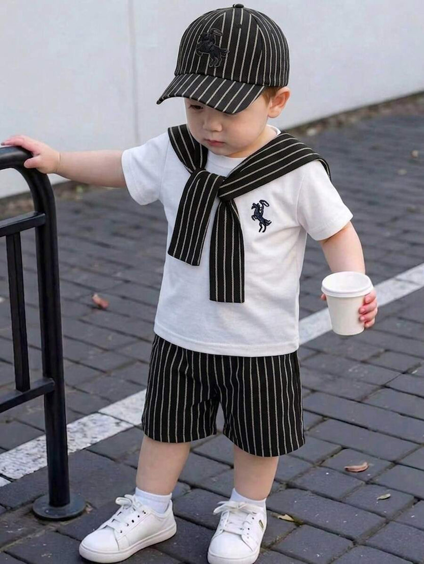 Baby Boy Infant And Toddler Boys Casual Simple Blue Shawl Paired With White Short Sleeve Top And Blue Shorts Set, Round Neck Short Sleeve Top Paired With Same Color Shorts Set Suitable For Daily Wear, Play And Outings, Summer