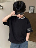 Boys Cute Bear Graphic Striped Short Sleeve Crew Neck T-Shirt,Casual Soft Comfortable Stylish Summer School Tee,Spring Vacation Street Style Outfit