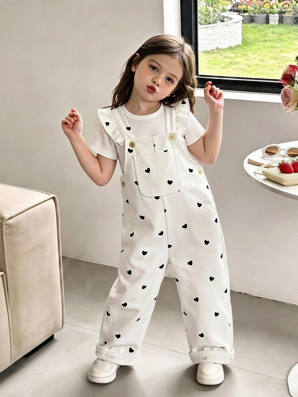 Kids Cute Baby Girls Blue Denim Overalls With Ruffle Sleeves Daisy Plant Embroidery And Pocket Detail Straps Design