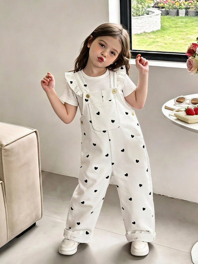 Kids Cute Baby Girls Blue Denim Overalls With Ruffle Sleeves Daisy Plant Embroidery And Pocket Detail Straps Design