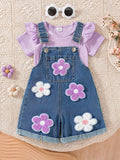 Kids 2pcs/Set Baby Girls' Summer Cute Blue Denim Bib Shorts Set,Floral Embroidery Pocket,Ribbed T-Shirt With Cap Flutter Sleeve,Casual Vacation Outfit