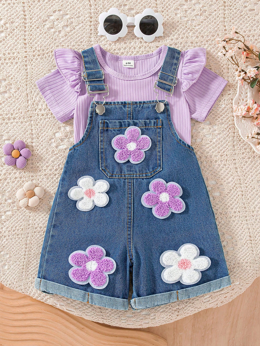 Kids 2pcs/Set Baby Girls' Summer Cute Blue Denim Bib Shorts Set,Floral Embroidery Pocket,Ribbed T-Shirt With Cap Flutter Sleeve,Casual Vacation Outfit