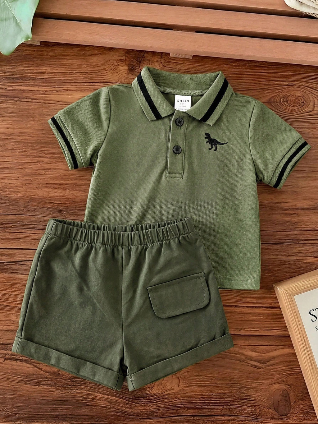 Newborn Baby Boy 2-Piece Set, White Summer Elegant Family Matching College Style Lace Embroidered Collared Short Sleeve Shirt&Elastic Waist Shorts