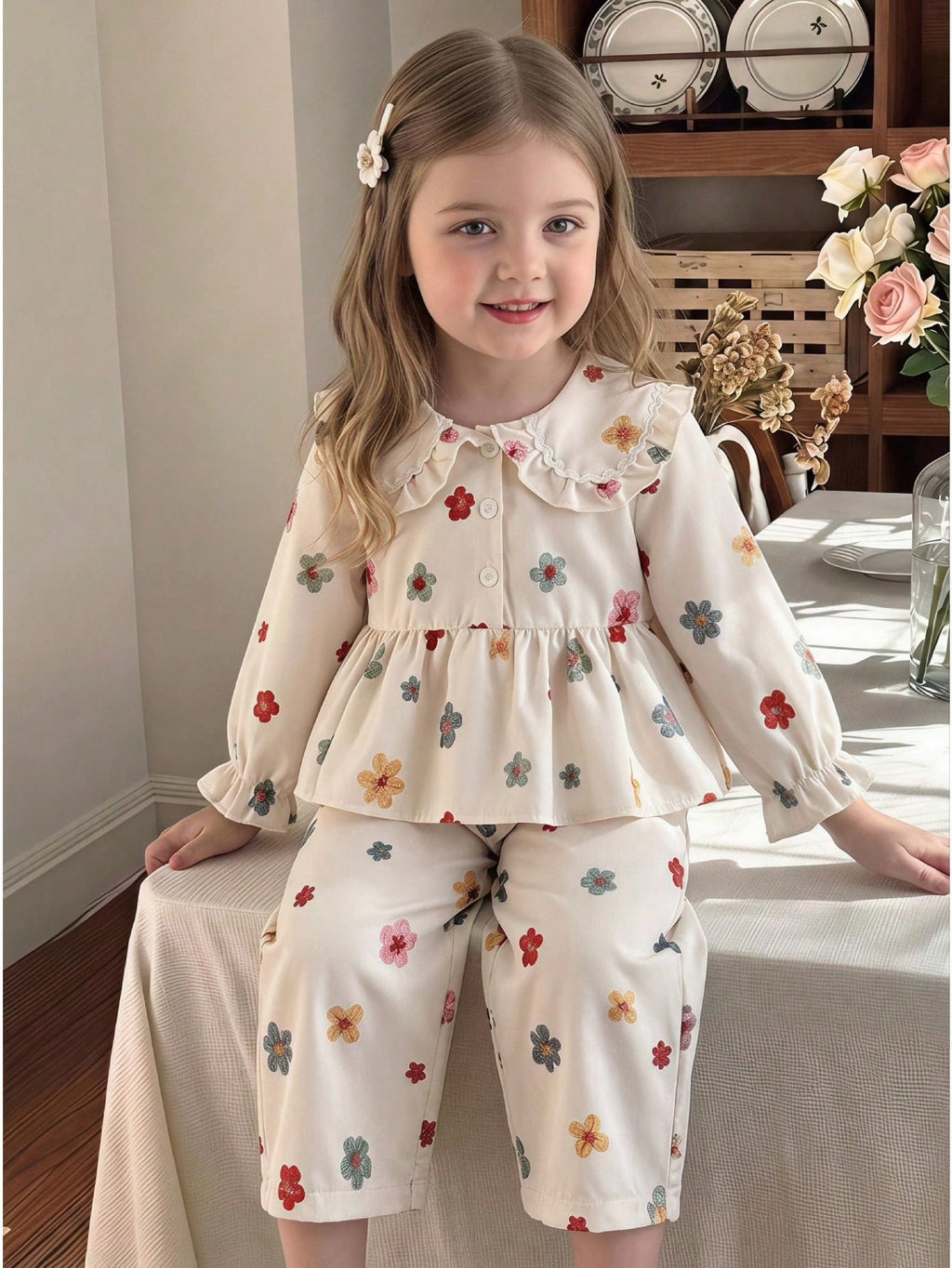 Kids Baby Girl Casual College Style Lapel Long-Sleeved Top And Pants Set Suitable For Daily Wear